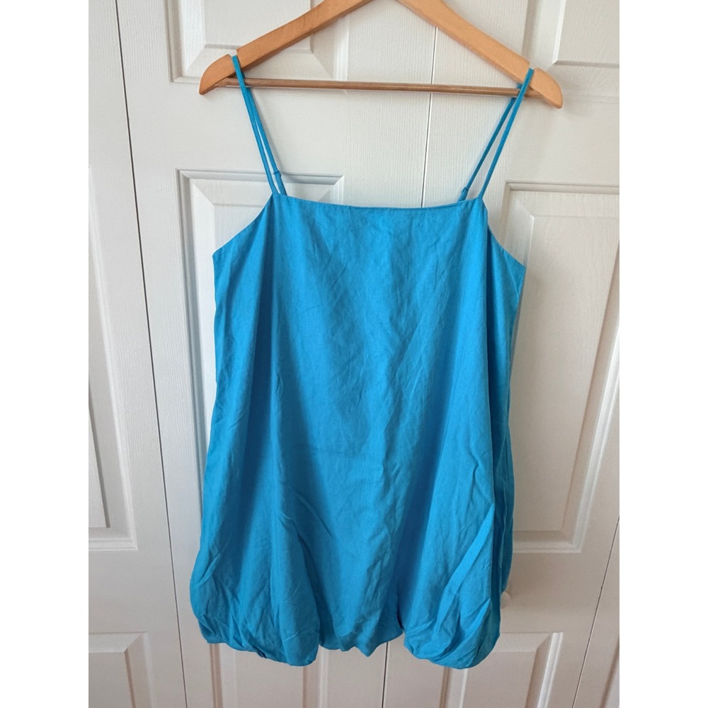 Gap Women Blue Linen Blend Bubble Hem Mini Dress Square Neck NWT Size M